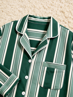 Women Christmas Pajamas - Emerald Green & Cream White Bold Striped Button up Pajamas
