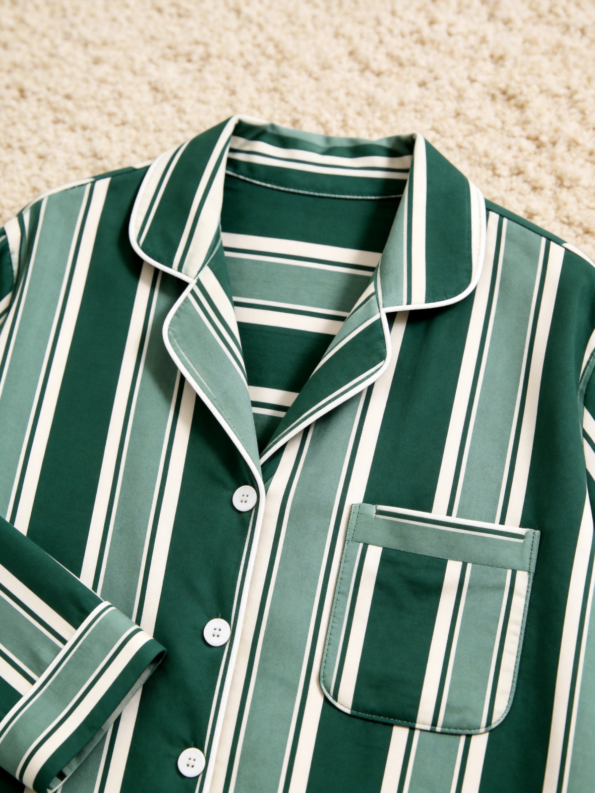 Women Christmas Pajamas - Emerald Green & Cream White Bold Striped Button up Pajamas