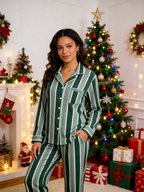 Women Christmas Pajamas - Emerald Green & Cream White Bold Striped Button up Pajamas