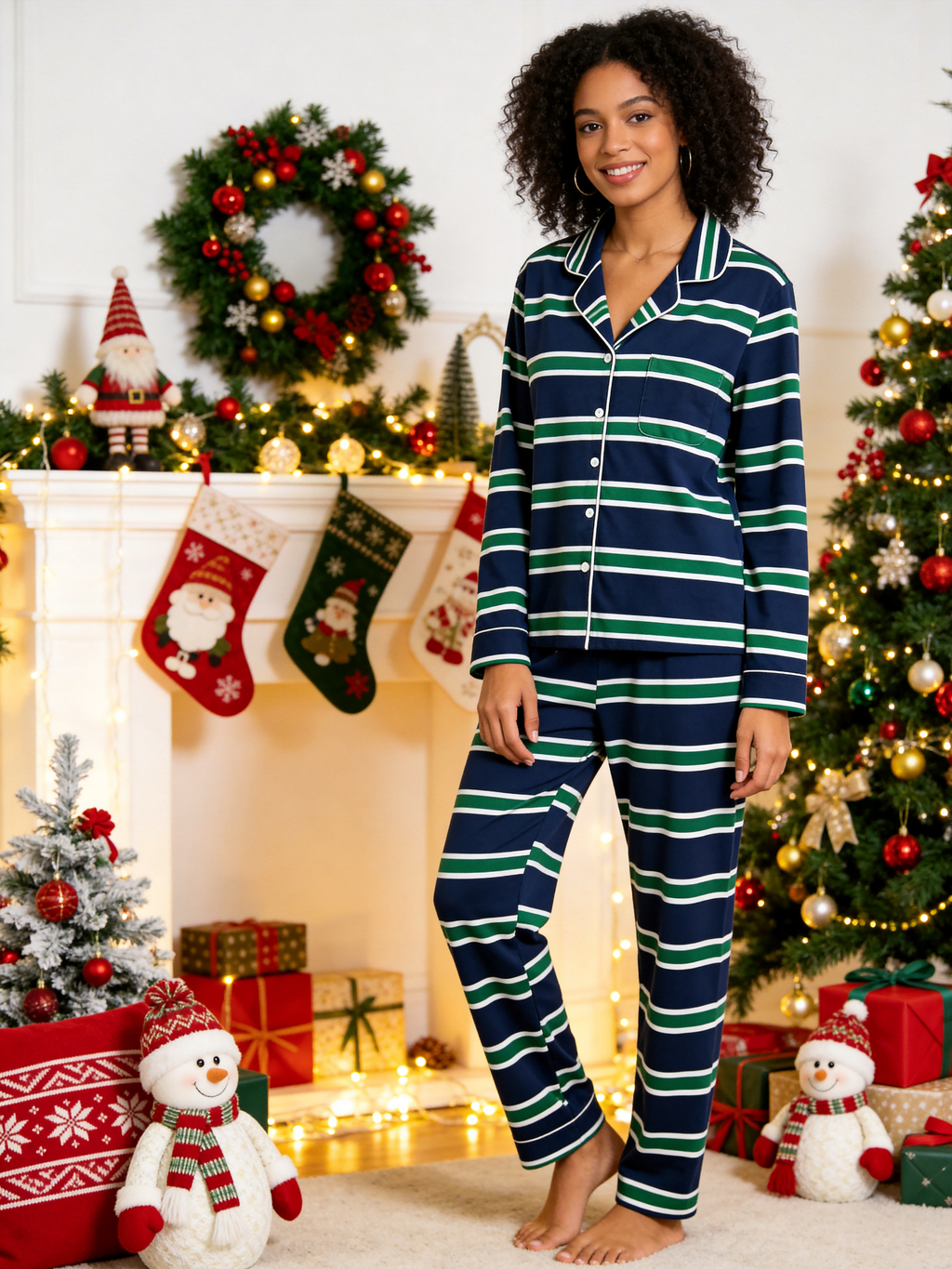 Women Christmas Pajamas - Navy Blue Green & White Horizontal Striped Button up Pajamas