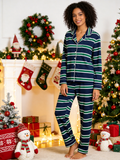 Women Christmas Pajamas - Navy Blue Green & White Horizontal Striped Button up Pajamas