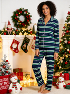 Women Christmas Pajamas - Navy Blue Green & White Horizontal Striped Button up Pajamas