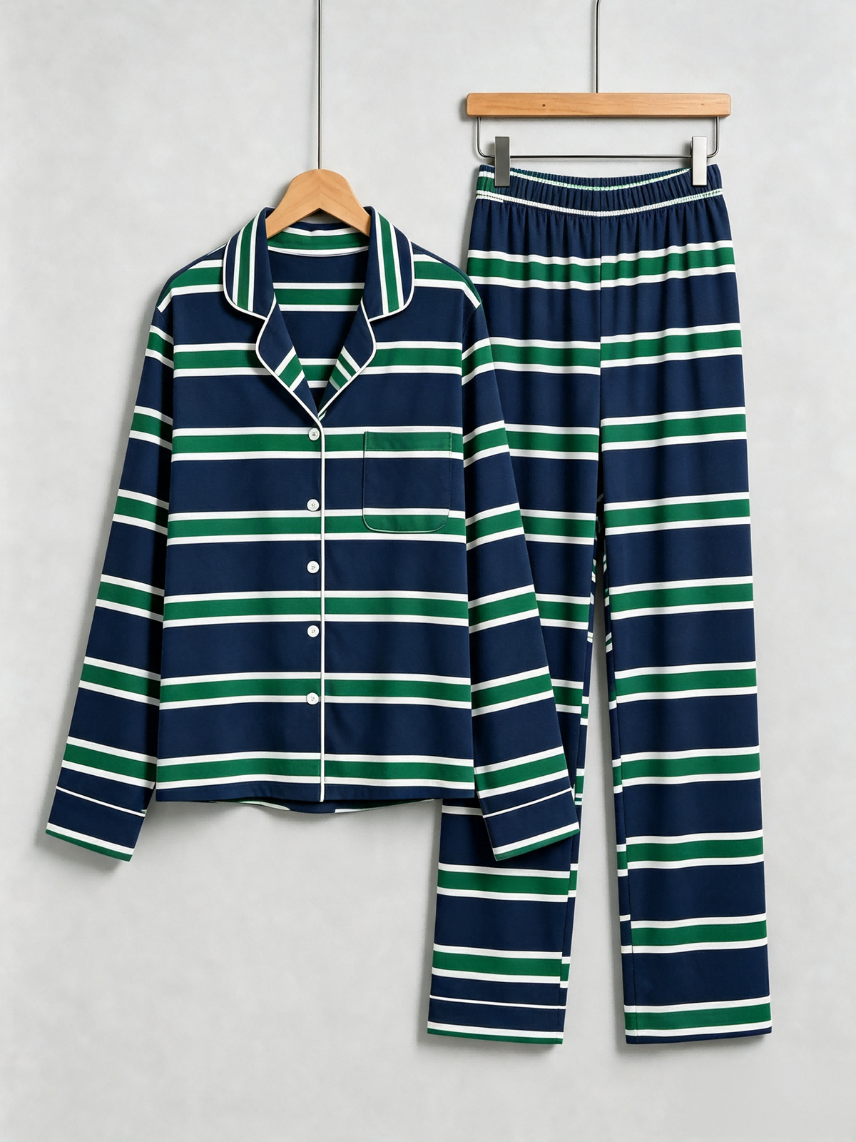 Women Christmas Pajamas - Navy Blue Green & White Horizontal Striped Button up Pajamas