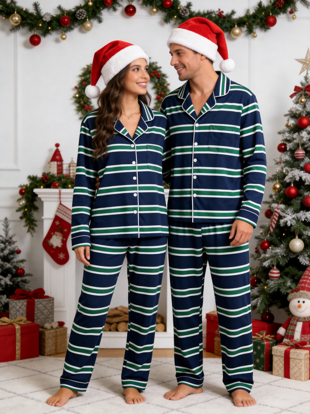 Women Christmas Pajamas - Navy Blue Green & White Horizontal Striped Button up Pajamas
