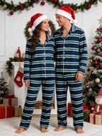 Women Christmas Pajamas - Navy Blue Green & White Horizontal Striped Button up Pajamas