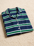 Women Christmas Pajamas - Navy Blue Green & White Horizontal Striped Button up Pajamas