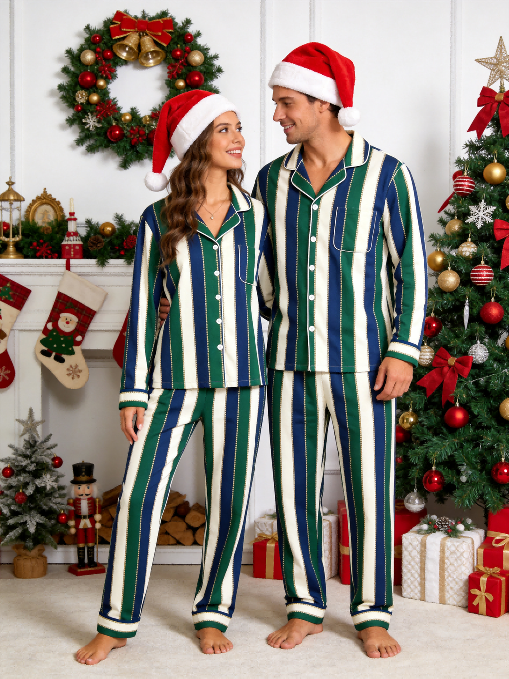 Women Christmas Pajamas - Navy Blue Forest Green Cream Striped Gold Line Button up Pajamas