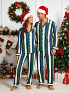 Women Christmas Pajamas - Navy Blue Forest Green Cream Striped Gold Line Button up Pajamas