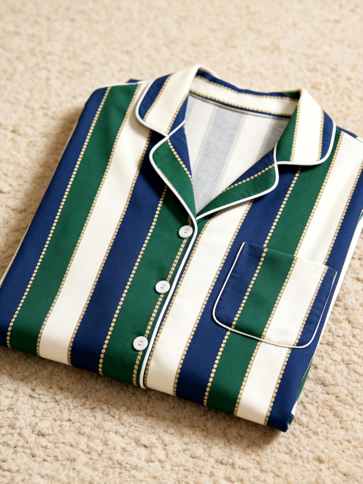 Women Christmas Pajamas - Navy Blue Forest Green Cream Striped Gold Line Button up Pajamas