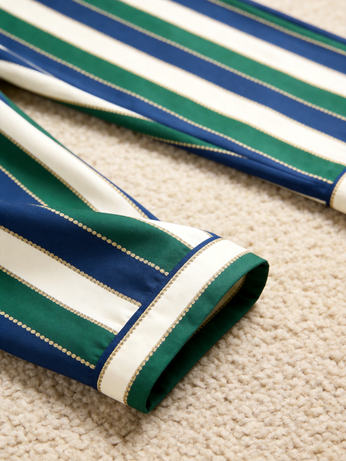 Women Christmas Pajamas - Navy Blue Forest Green Cream Striped Gold Line Button up Pajamas