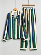 Women Christmas Pajamas - Navy Blue Forest Green Cream Striped Gold Line Button up Pajamas