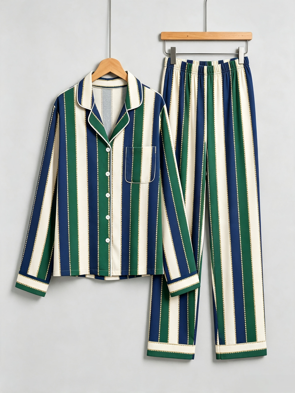 Women Christmas Pajamas - Navy Blue Forest Green Cream Striped Gold Line Button up Pajamas