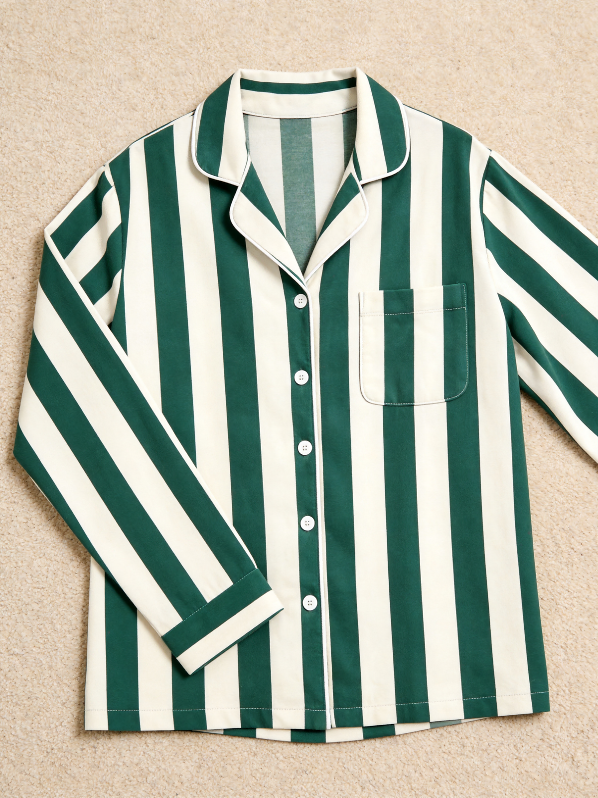 Women Christmas Pajamas - Dark Green & Off-White Wide Vertical Striped Button up Pajamas