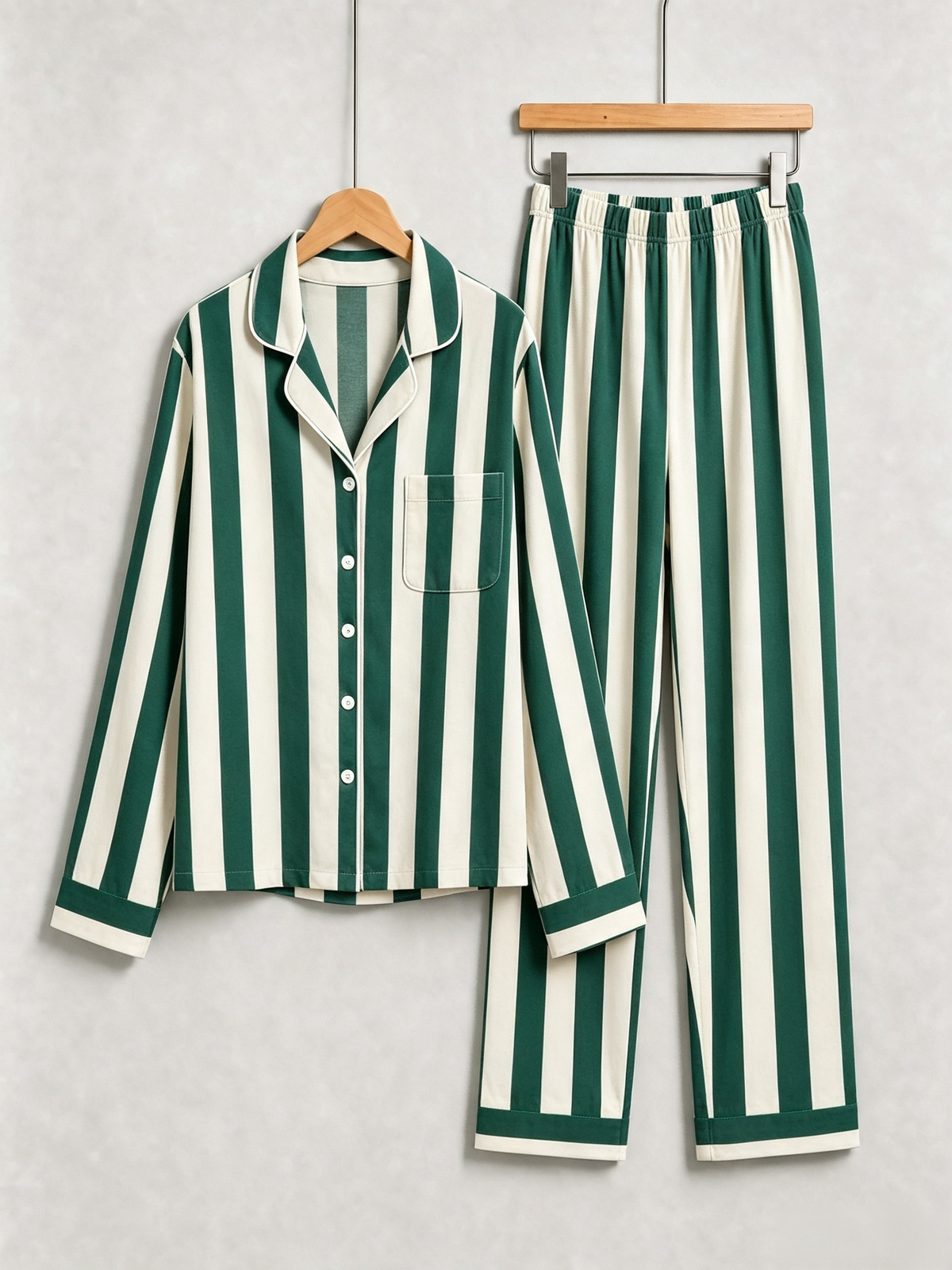 Women Christmas Pajamas - Dark Green & Off-White Wide Vertical Striped Button up Pajamas