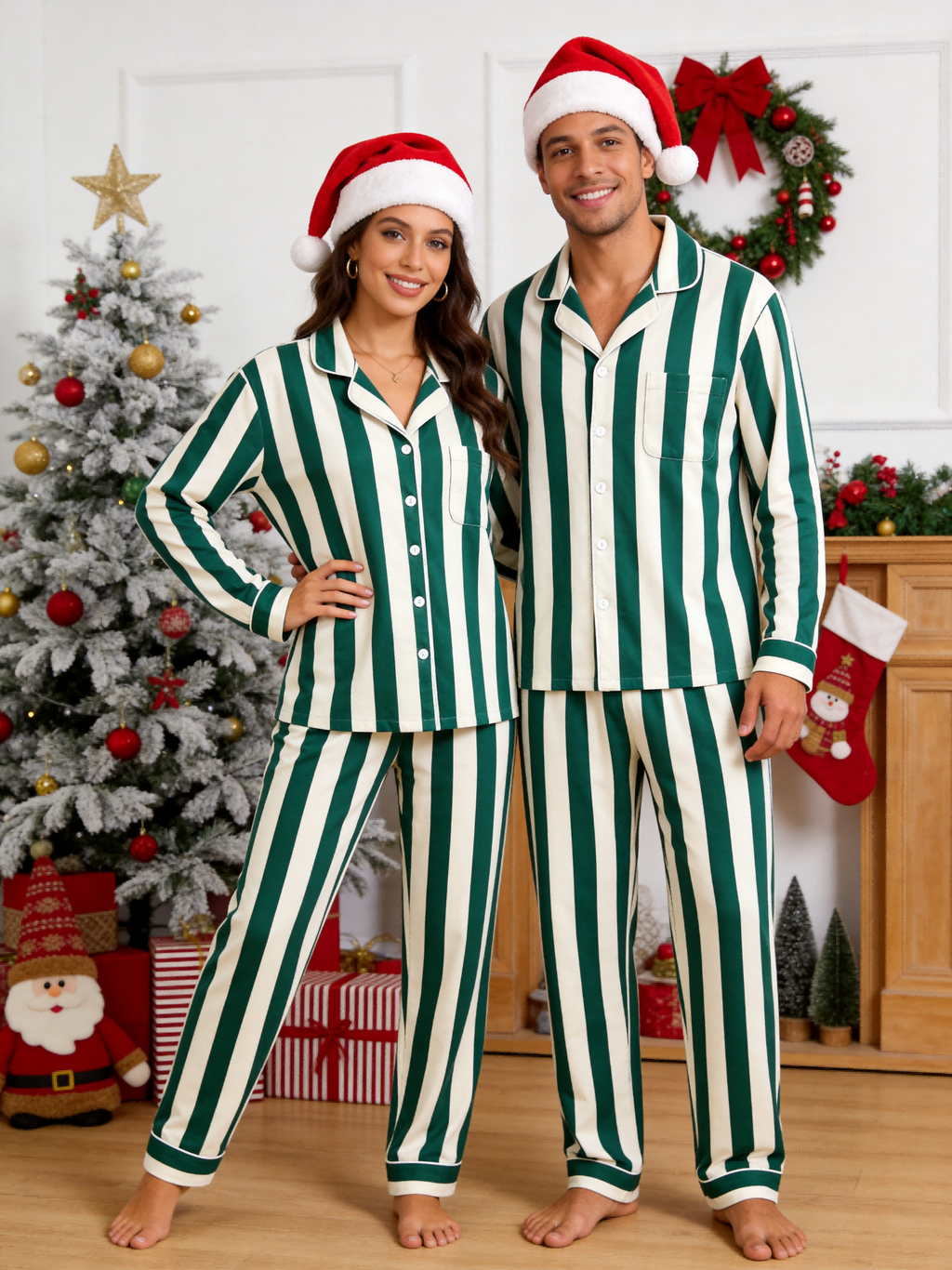 Women Christmas Pajamas - Dark Green & Off-White Wide Vertical Striped Button up Pajamas