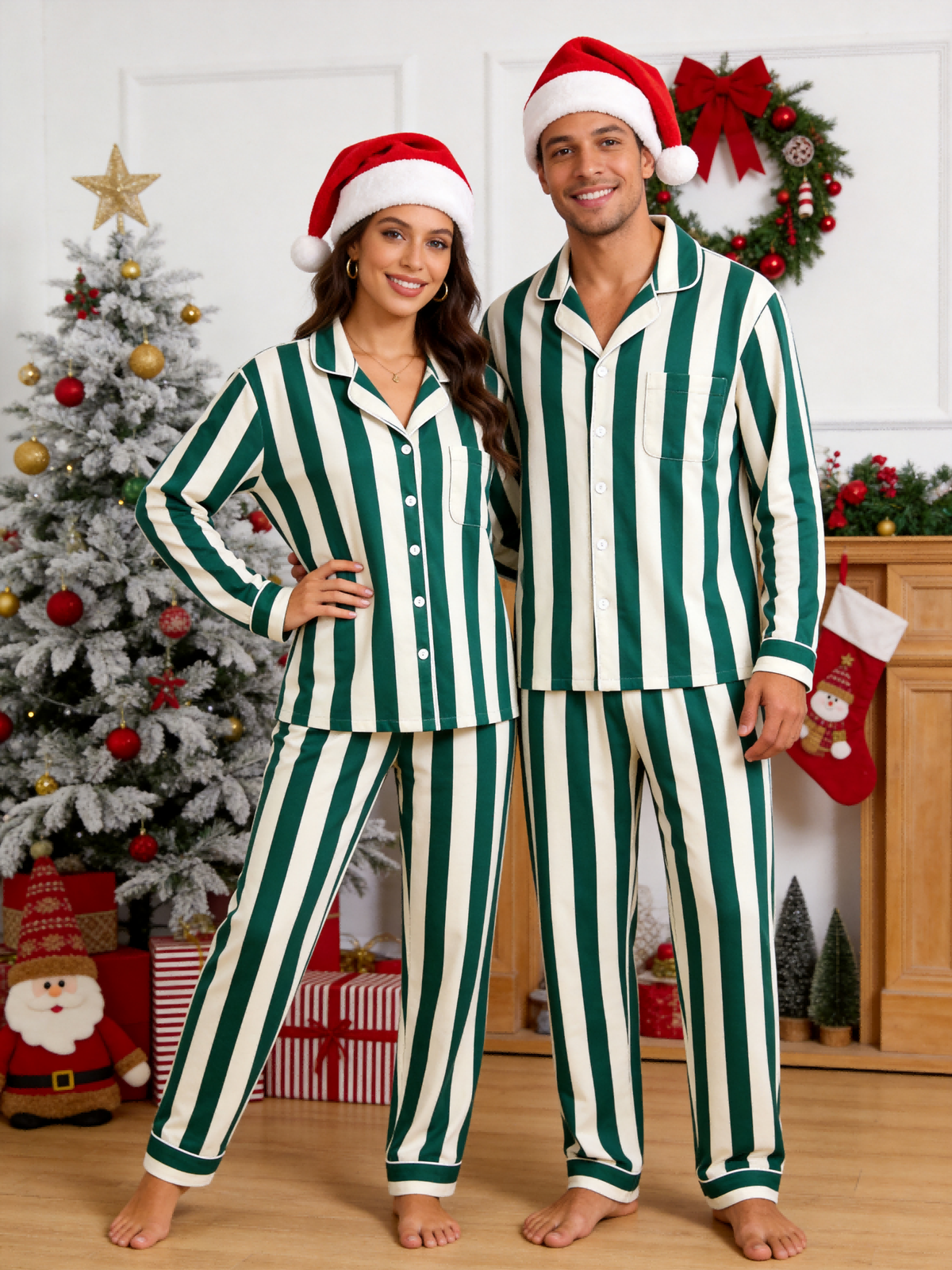 Women Christmas Pajamas - Dark Green & Off-White Wide Vertical Striped Button up Pajamas