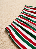 Women Christmas Pajamas - Red White & Green Tri-Color Striped Button up Pajamas Set