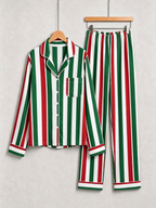 Women Christmas Pajamas - Red White & Green Tri-Color Striped Button up Pajamas Set