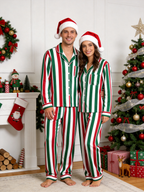 Women Christmas Pajamas - Red White & Green Tri-Color Striped Button up Pajamas Set