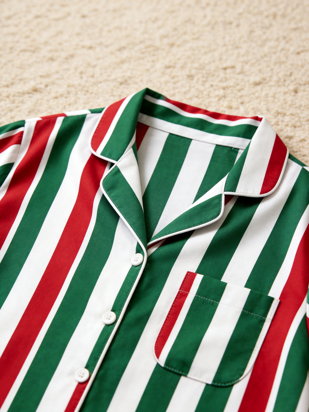Women Christmas Pajamas - Red White & Green Tri-Color Striped Button up Pajamas Set