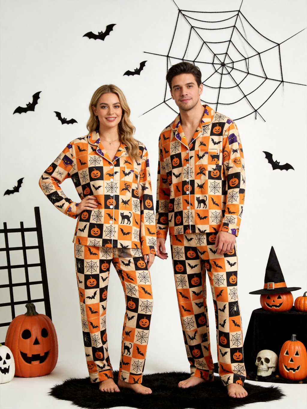Women Halloween Pajamas - Orange & Black Checkered Pumpkin & Bat Button-Down Sleep Set