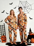Women Halloween Pajamas - Orange & Black Checkered Pumpkin & Bat Button-Down Sleep Set