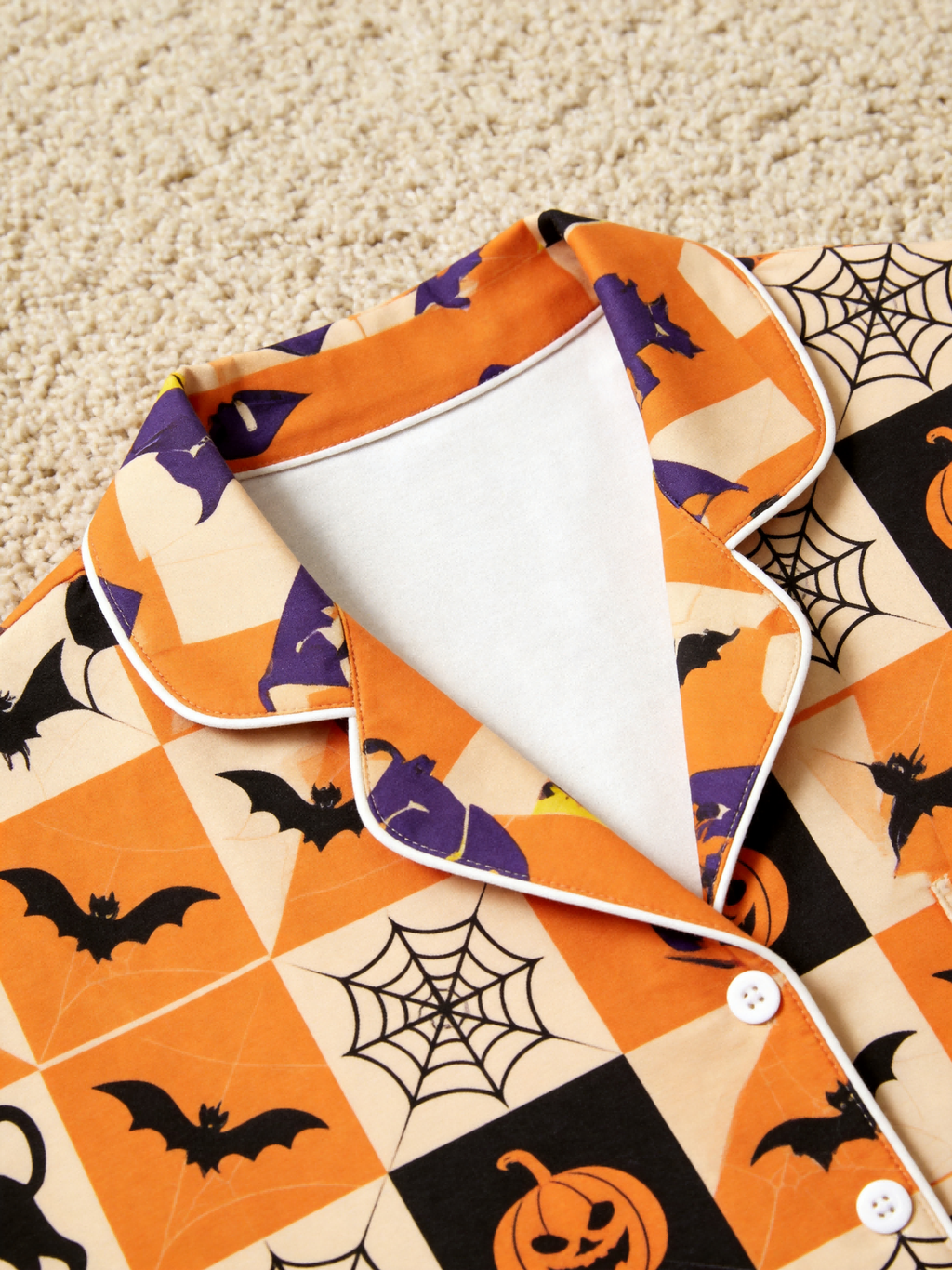 Women Halloween Pajamas - Orange & Black Checkered Pumpkin & Bat Button-Down Sleep Set