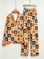 Women Halloween Pajamas - Orange & Black Checkered Pumpkin & Bat Button-Down Sleep Set