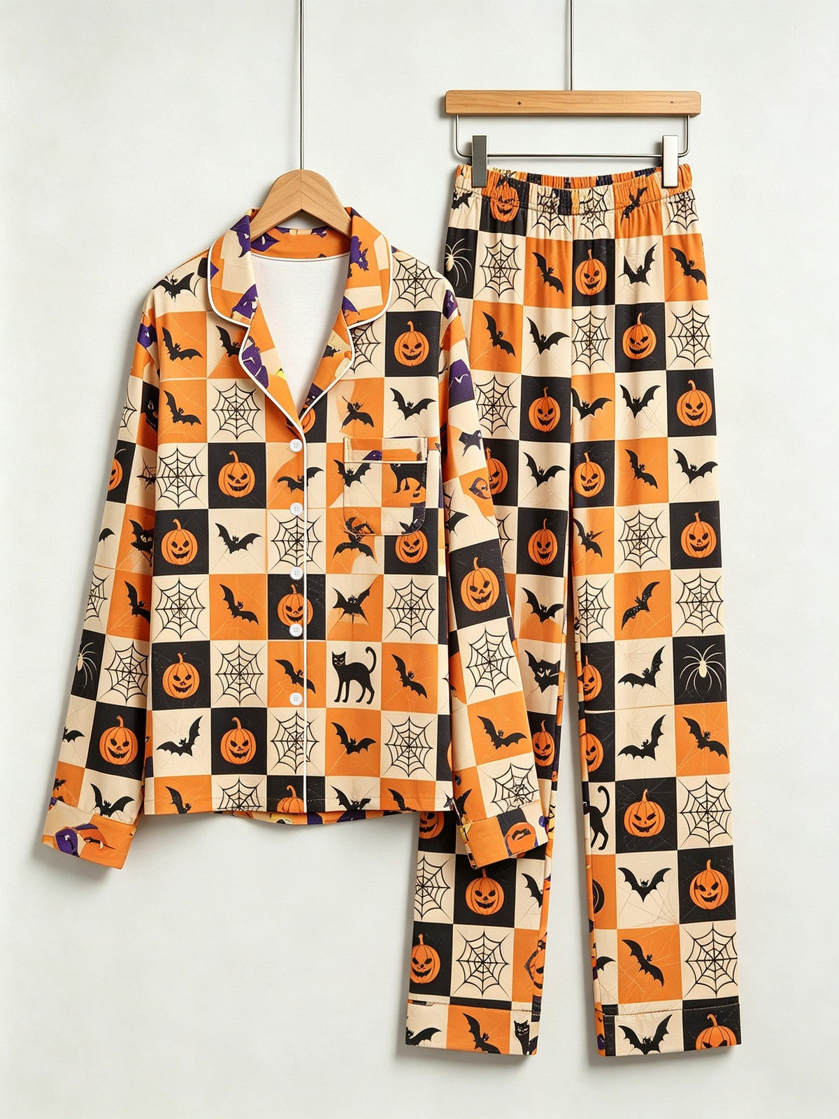Women Halloween Pajamas - Orange & Black Checkered Pumpkin & Bat Button-Down Sleep Set
