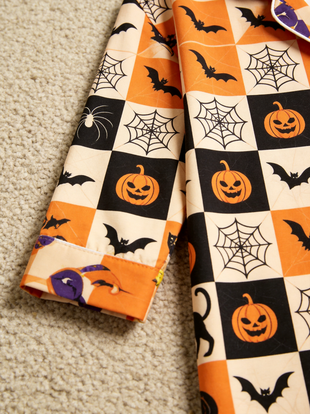Women Halloween Pajamas - Orange & Black Checkered Pumpkin & Bat Button-Down Sleep Set
