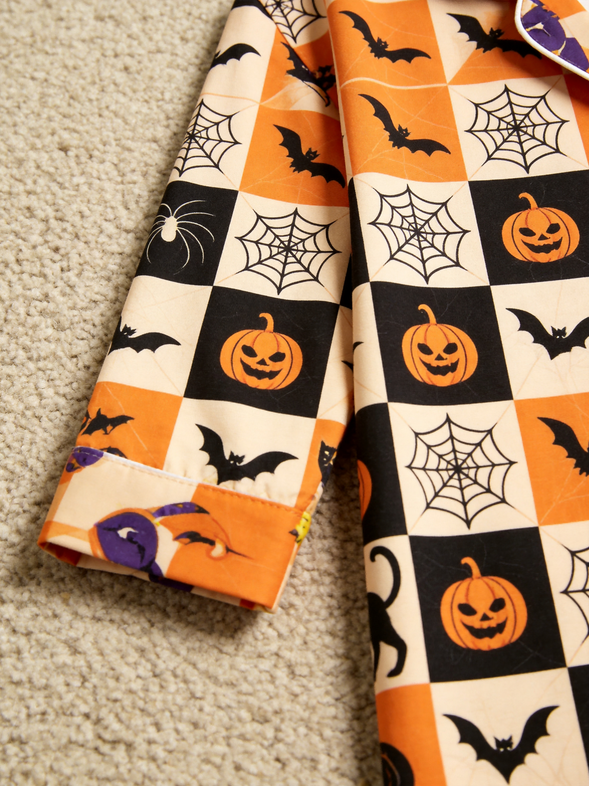 Women Halloween Pajamas - Orange & Black Checkered Pumpkin & Bat Button-Down Sleep Set