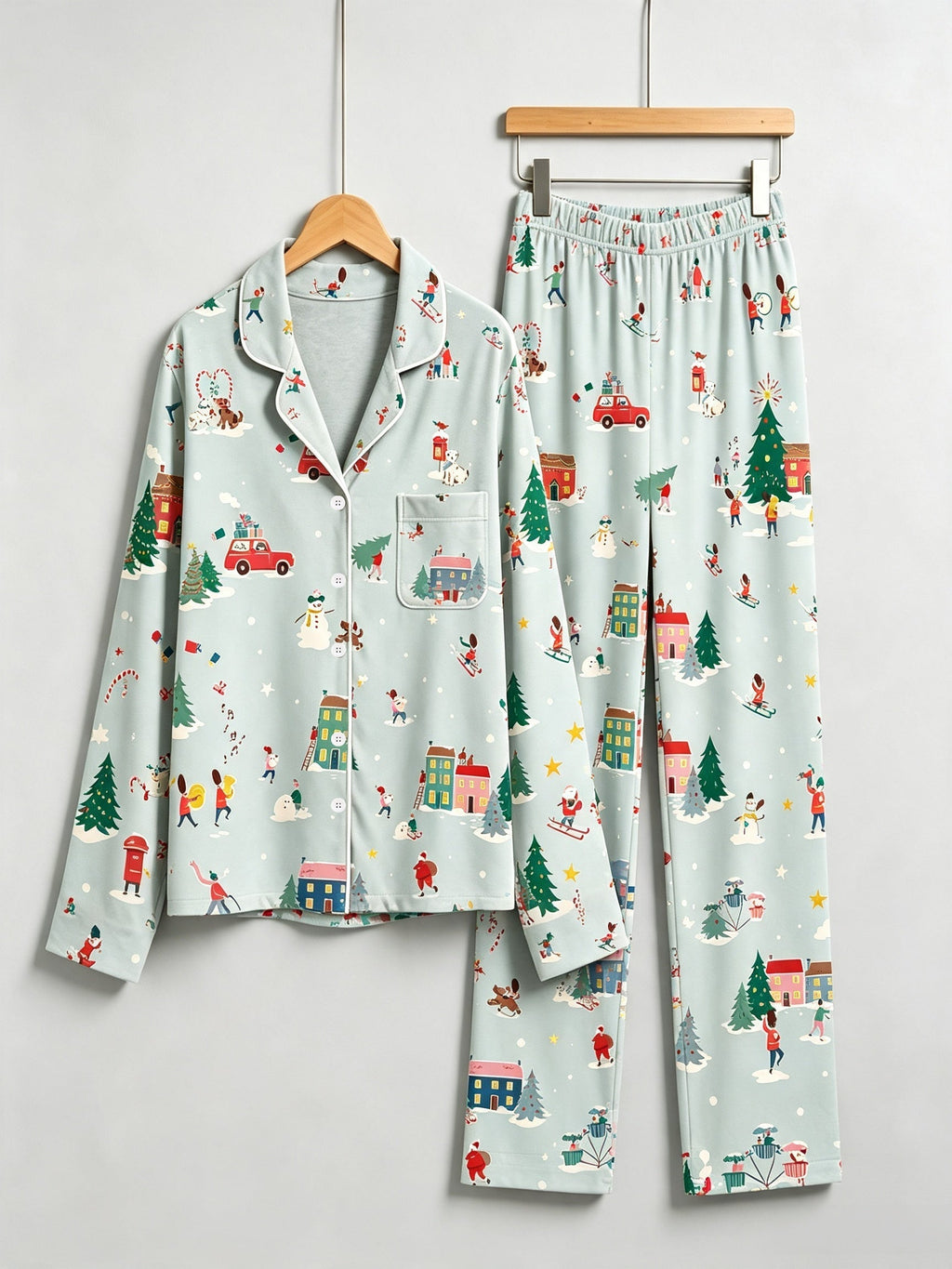 Women Christmas Pajamas - Sage Green Winter Town & Skiing Print Button-Down PJs