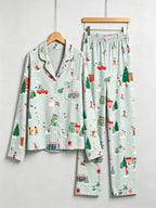 Women Christmas Pajamas - Sage Green Winter Town & Skiing Print Button-Down PJs