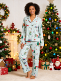 Women Christmas Pajamas - Sage Green Winter Town & Skiing Print Button-Down PJs