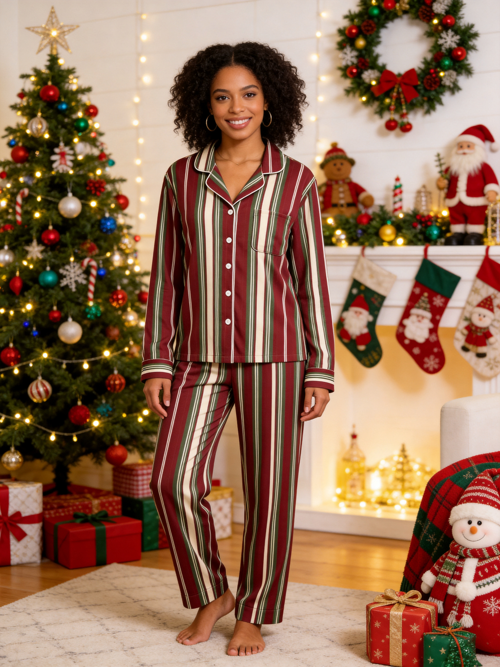 Women Christmas Pajamas - Burgundy Forest Green Cream Vintage Striped Button up Pajamas