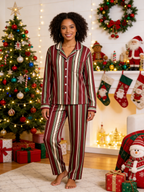 Women Christmas Pajamas - Burgundy Forest Green Cream Vintage Striped Button up Pajamas