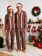 Women Christmas Pajamas - Burgundy Forest Green Cream Vintage Striped Button up Pajamas