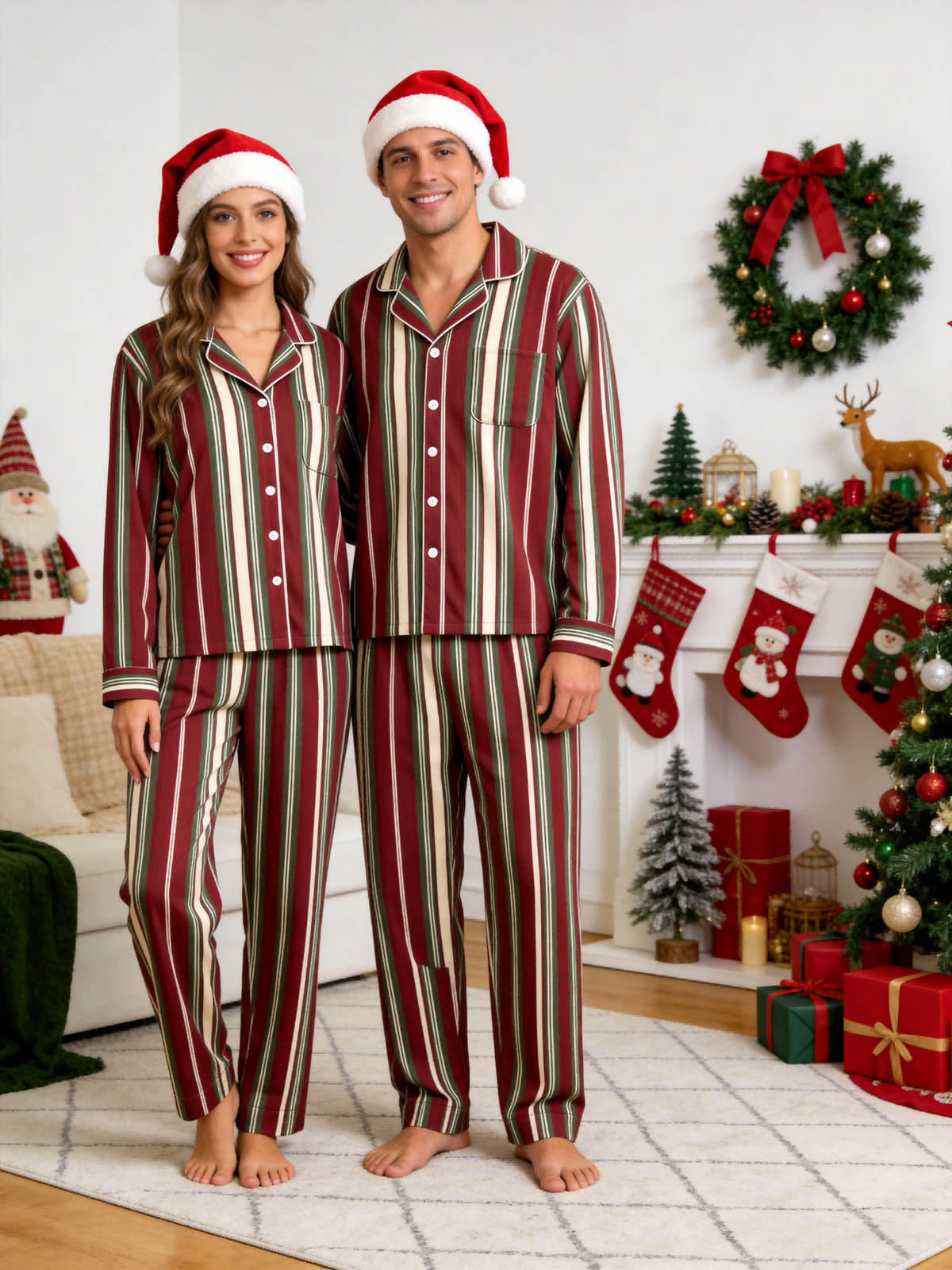 Women Christmas Pajamas - Burgundy Forest Green Cream Vintage Striped Button up Pajamas
