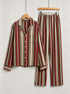 Women Christmas Pajamas - Burgundy Forest Green Cream Vintage Striped Button up Pajamas