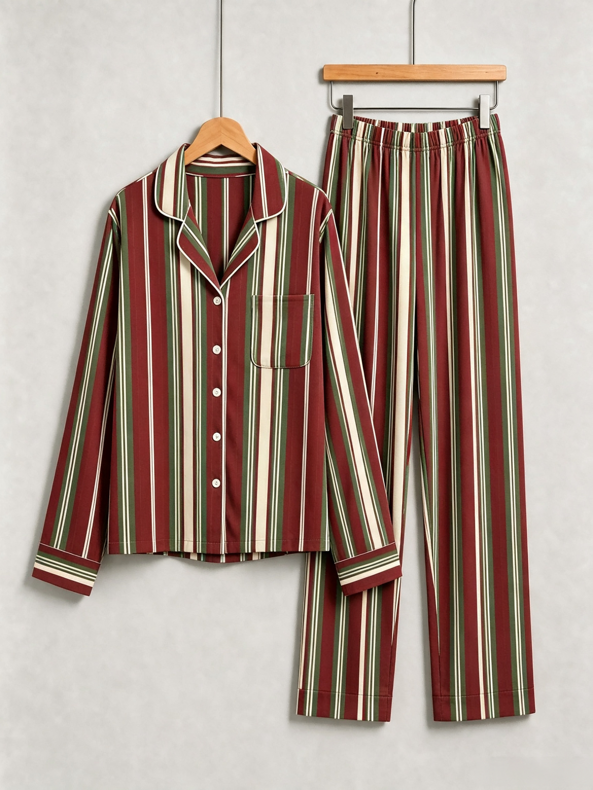 Women Christmas Pajamas - Burgundy Forest Green Cream Vintage Striped Button up Pajamas