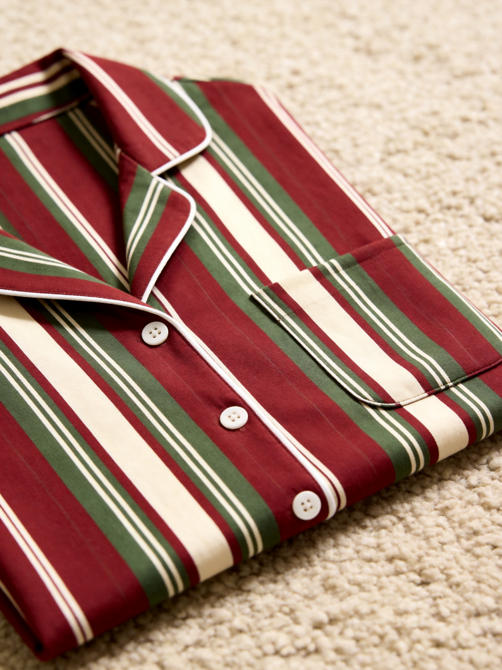 Women Christmas Pajamas - Burgundy Forest Green Cream Vintage Striped Button up Pajamas