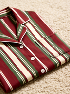 Women Christmas Pajamas - Burgundy Forest Green Cream Vintage Striped Button up Pajamas