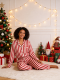 Women Christmas Pajamas - Red & White Bold Vertical Striped Button up Pajamas