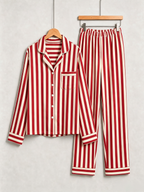 Women Christmas Pajamas - Red & White Bold Vertical Striped Button up Pajamas