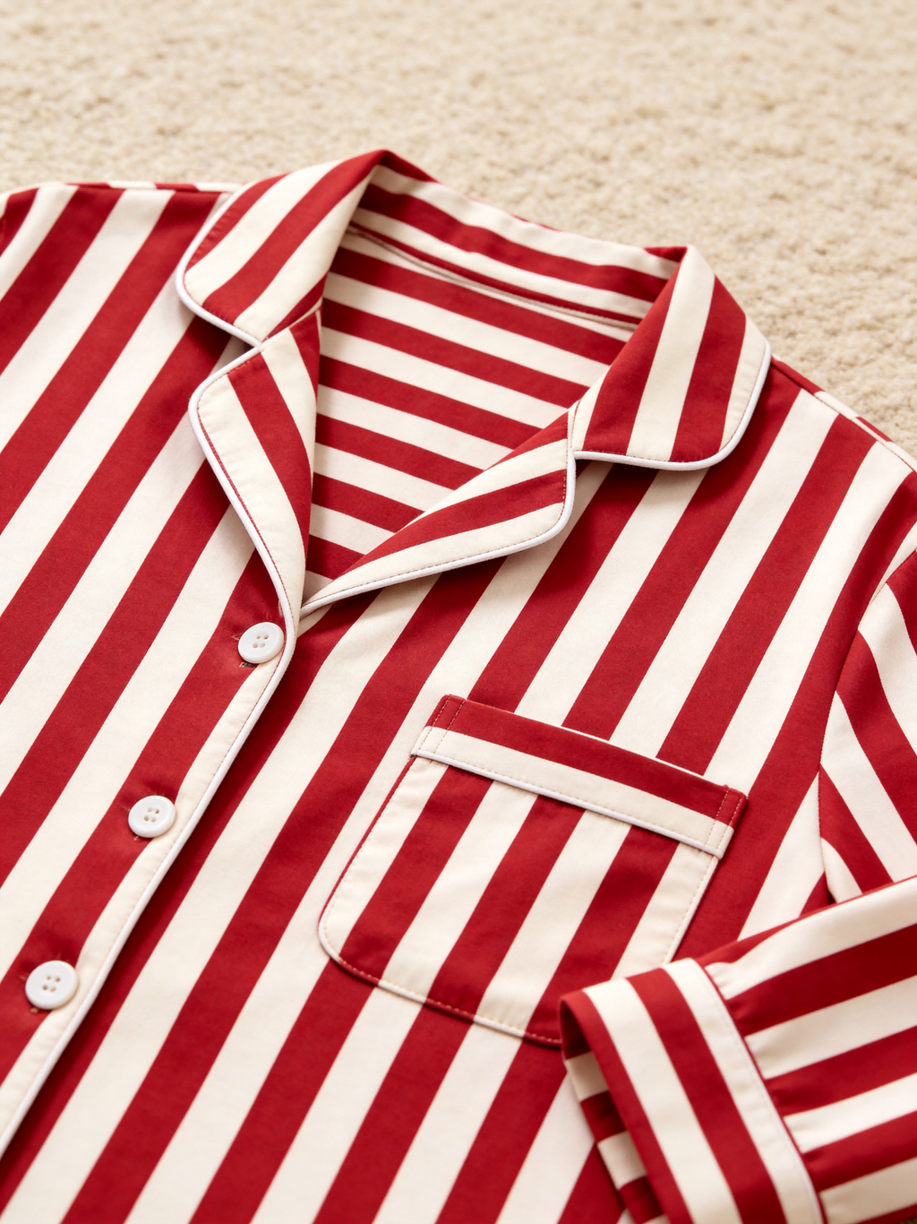 Women Christmas Pajamas - Red & White Bold Vertical Striped Button up Pajamas