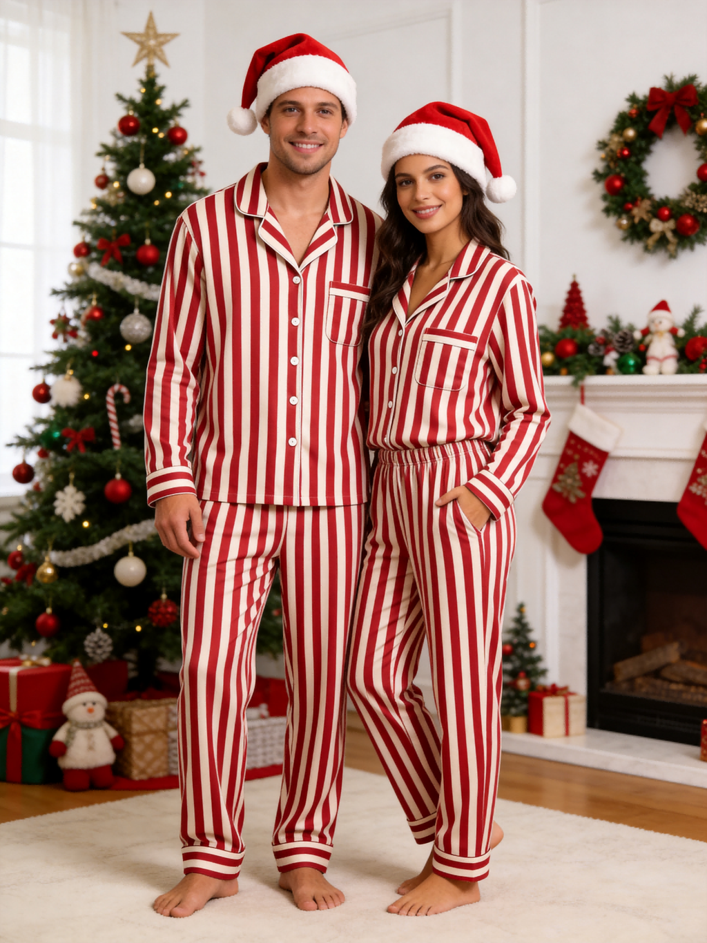 Women Christmas Pajamas - Red & White Bold Vertical Striped Button up Pajamas