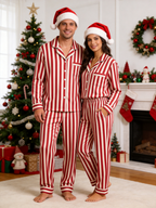 Women Christmas Pajamas - Red & White Bold Vertical Striped Button up Pajamas