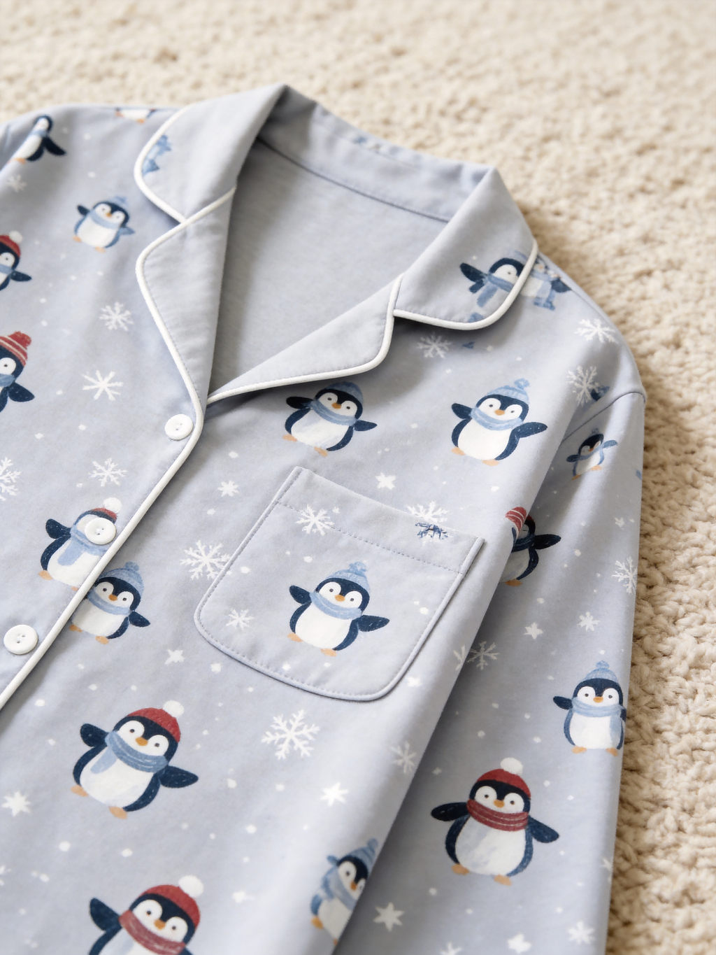 Women Christmas Pajamas - Light Grey Winter Penguin & Snowflake Print Button up Pajamas
