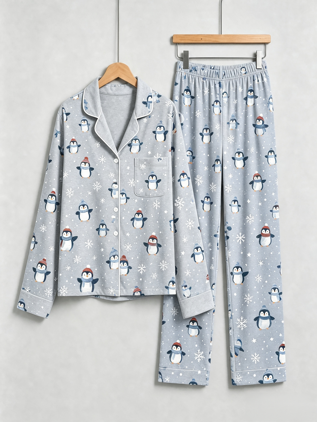 Women Christmas Pajamas - Light Grey Winter Penguin & Snowflake Print Button up Pajamas