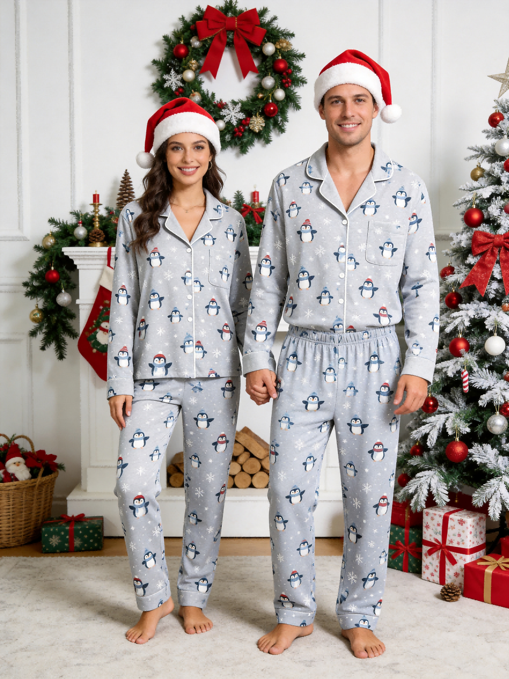 Women Christmas Pajamas - Light Grey Winter Penguin & Snowflake Print Button up Pajamas